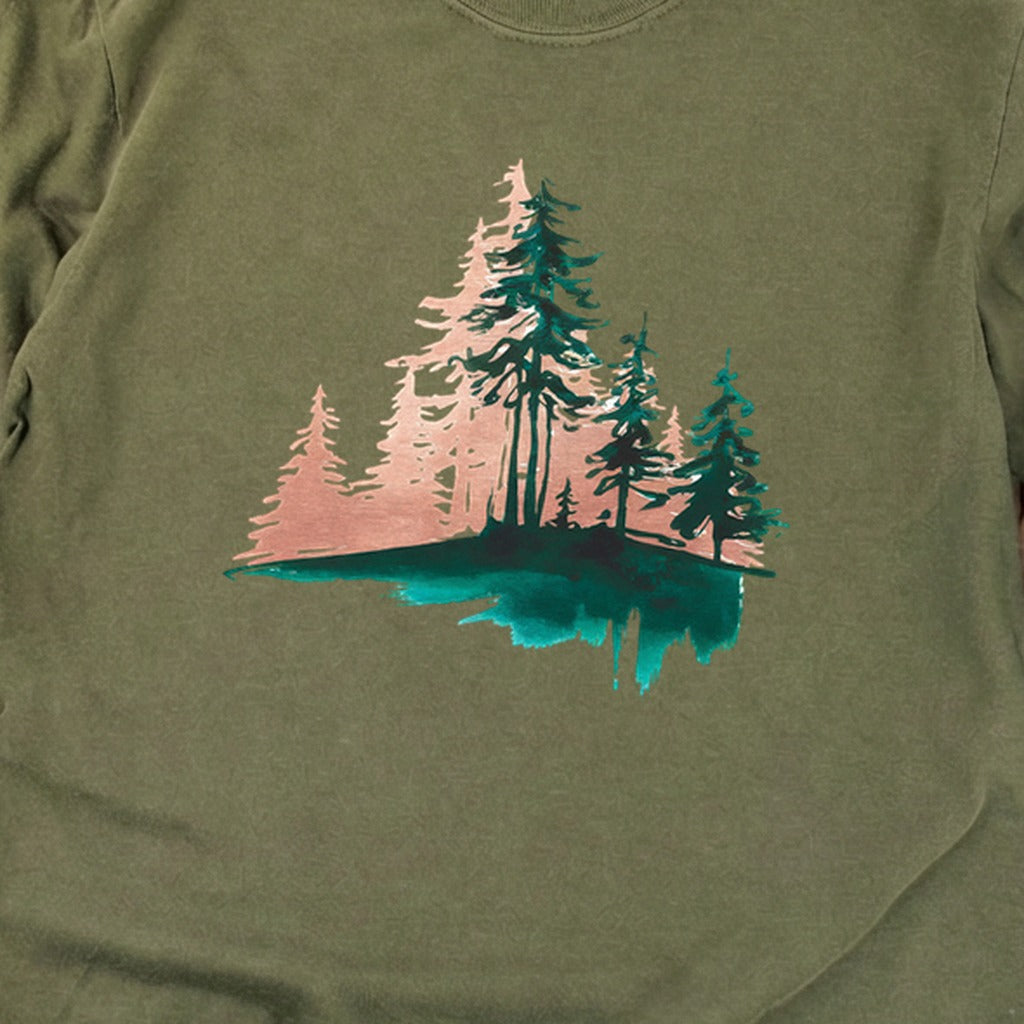 Watercolor Pine Tree Sunrise Cotton Long Sleeve