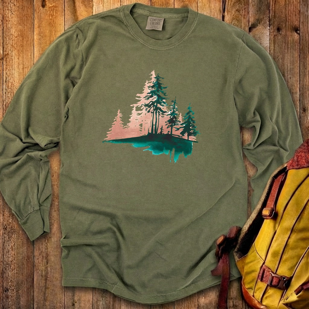 Watercolor Pine Tree Sunrise Cotton Long Sleeve