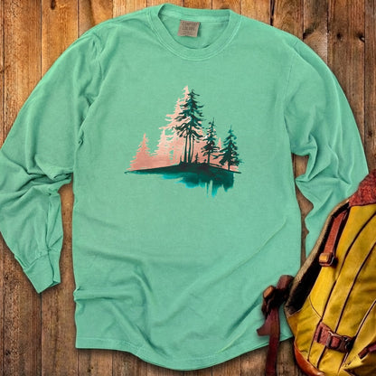 Watercolor Pine Tree Sunrise Cotton Long Sleeve