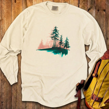 Watercolor Pine Tree Sunrise Cotton Long Sleeve