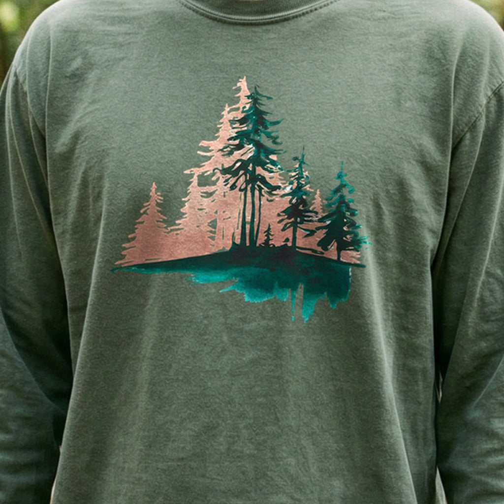 Watercolor Pine Tree Sunrise Cotton Long Sleeve