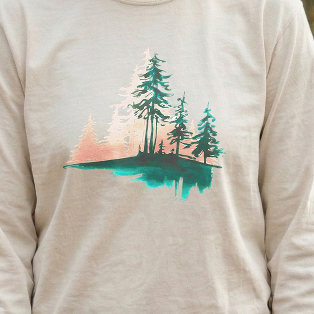 Watercolor Pine Tree Sunrise Cotton Long Sleeve