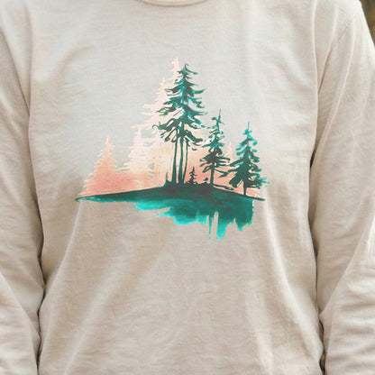 Watercolor Pine Tree Sunrise Cotton Long Sleeve