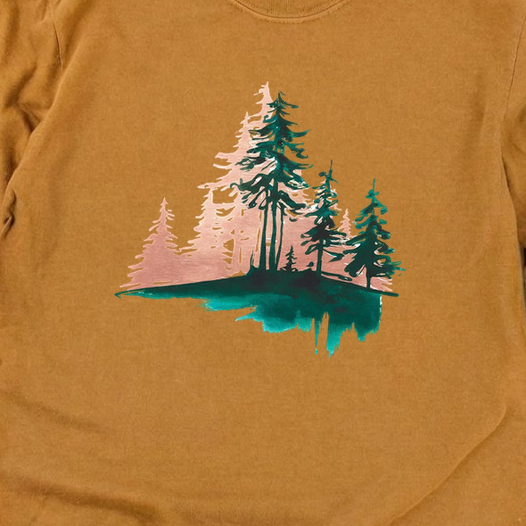 Watercolor Pine Tree Sunrise Cotton Long Sleeve