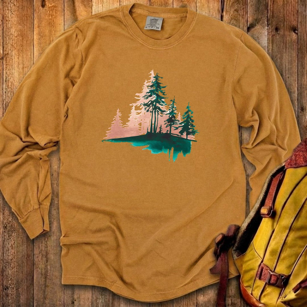 Watercolor Pine Tree Sunrise Cotton Long Sleeve