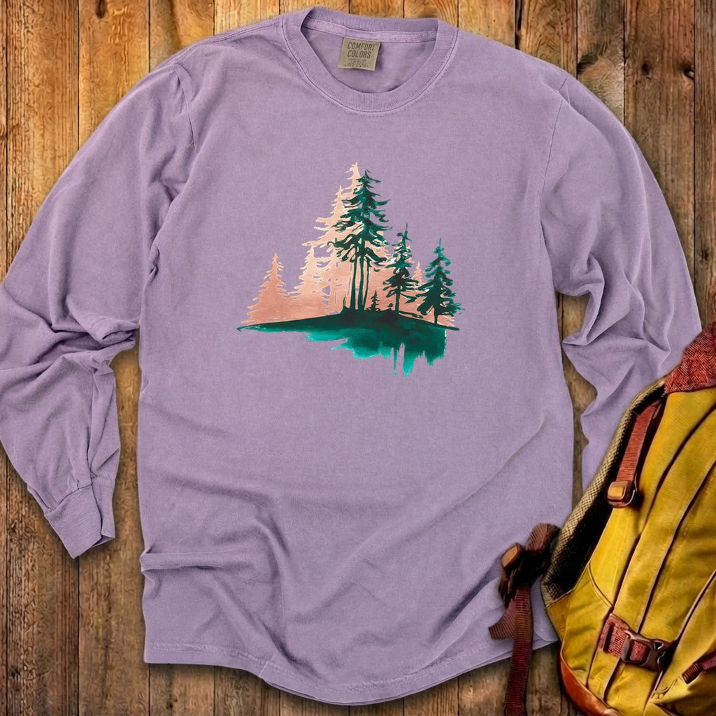 Watercolor Pine Tree Sunrise Cotton Long Sleeve