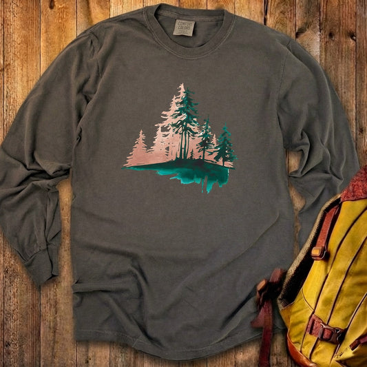 Watercolor Pine Tree Sunrise Cotton Long Sleeve