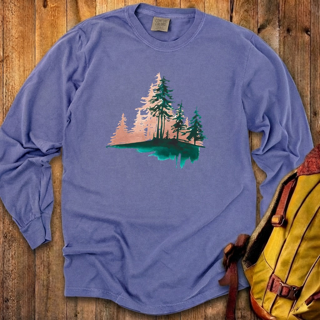 Watercolor Pine Tree Sunrise Cotton Long Sleeve