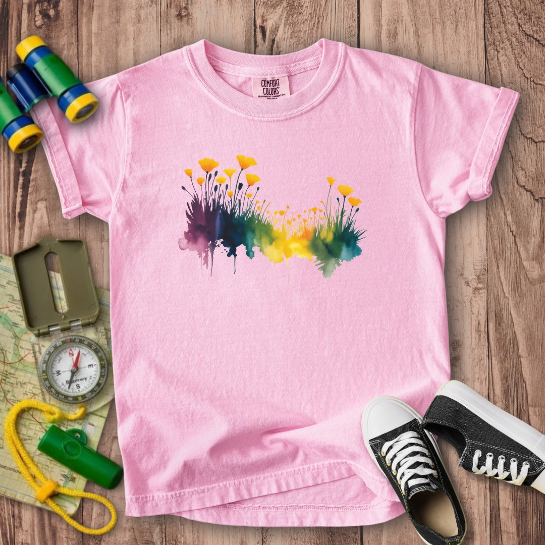 Watercolor Poppy Field Kids Cotton T-Shirt