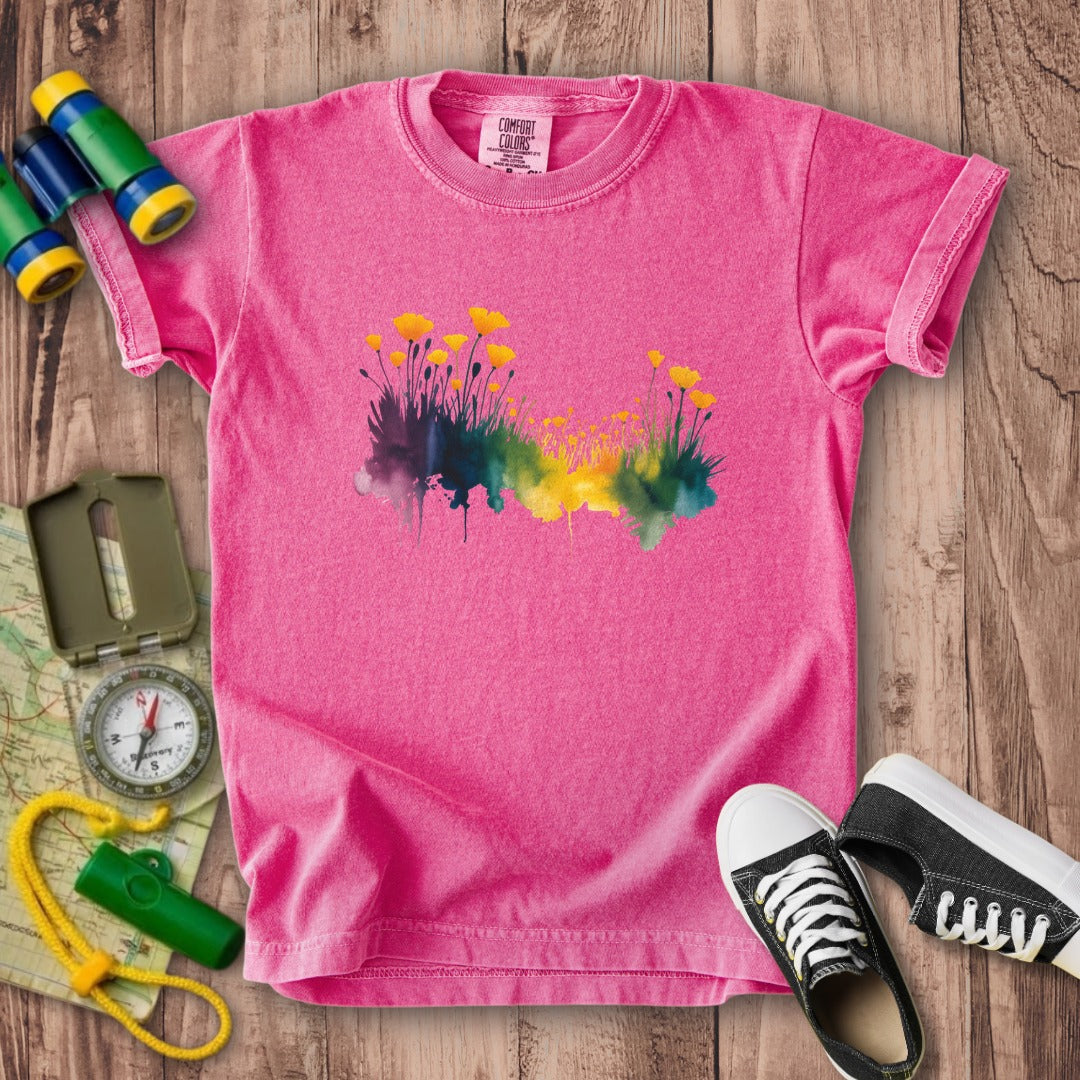 Watercolor Poppy Field Kids Cotton T-Shirt