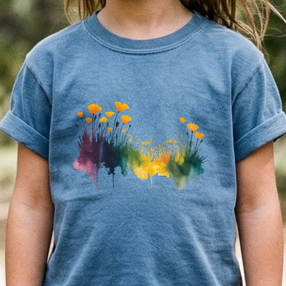 Watercolor Poppy Field Kids Cotton T-Shirt