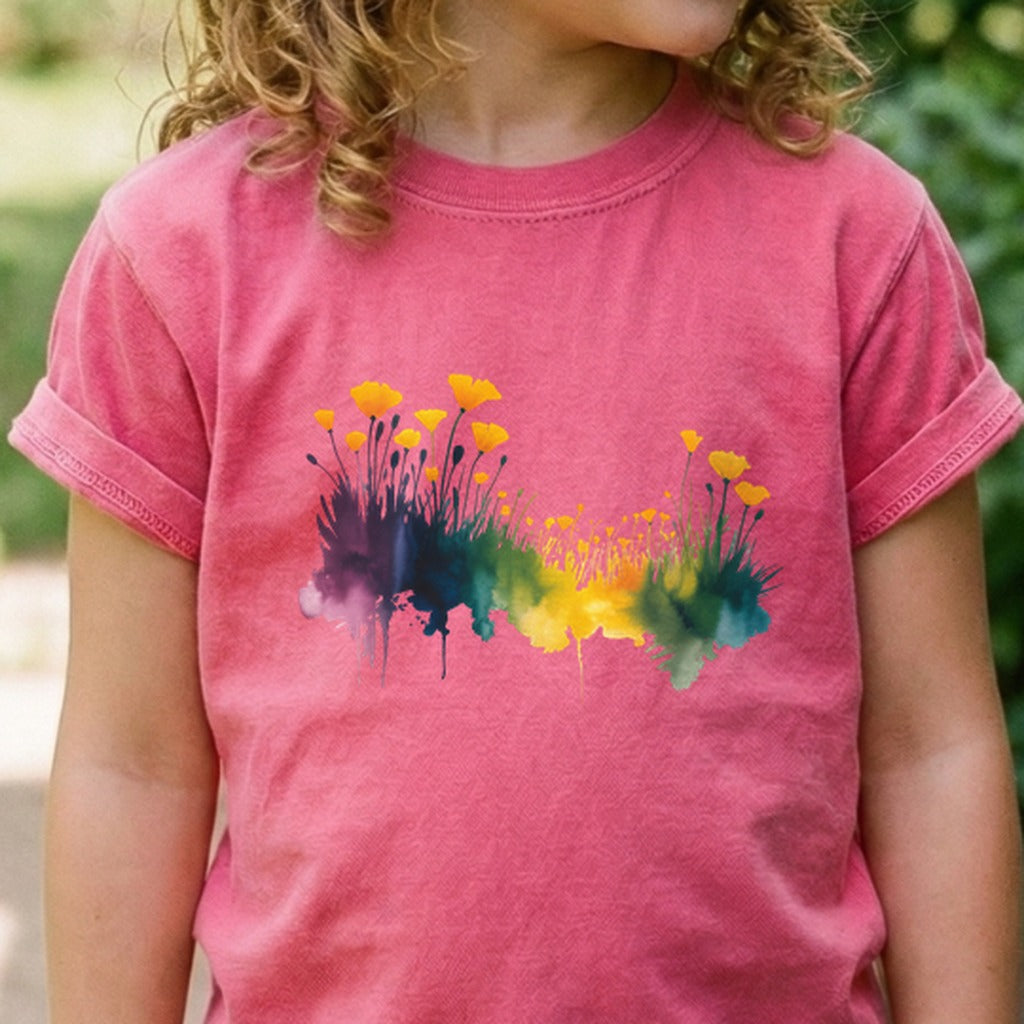 Watercolor Poppy Field Kids Cotton T-Shirt