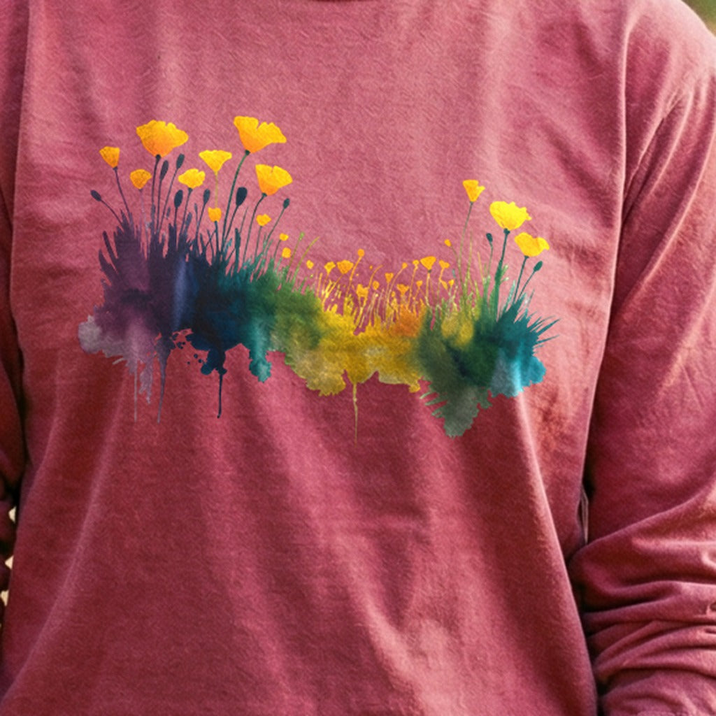 Watercolor Poppy Field Cotton Long Sleeve