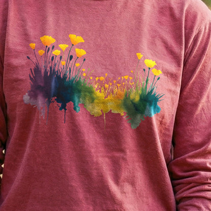 Watercolor Poppy Field Cotton Long Sleeve