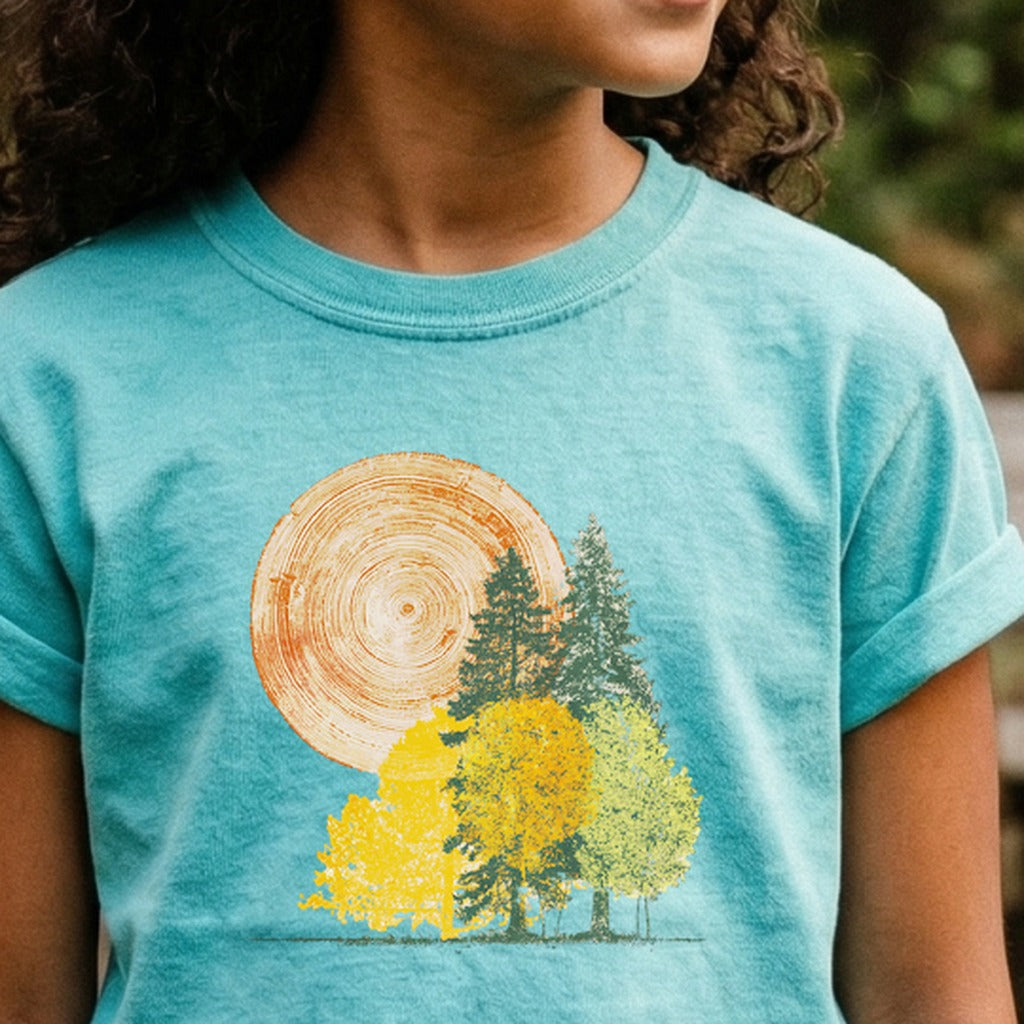 Woodcut Stamped Forest Kids Cotton T-Shirt