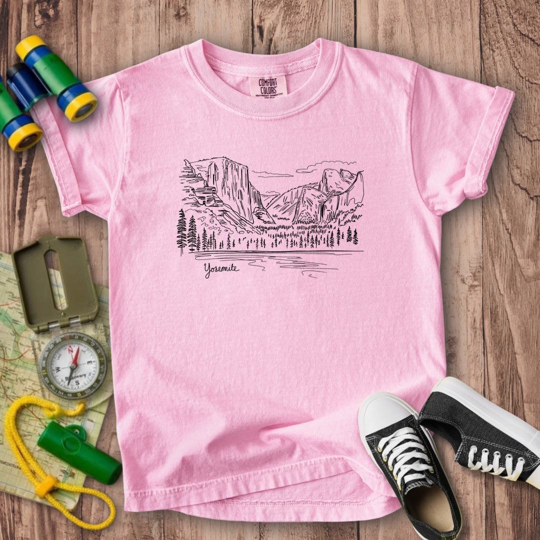 Yosemite Line Drawing Kids Cotton T-Shirt
