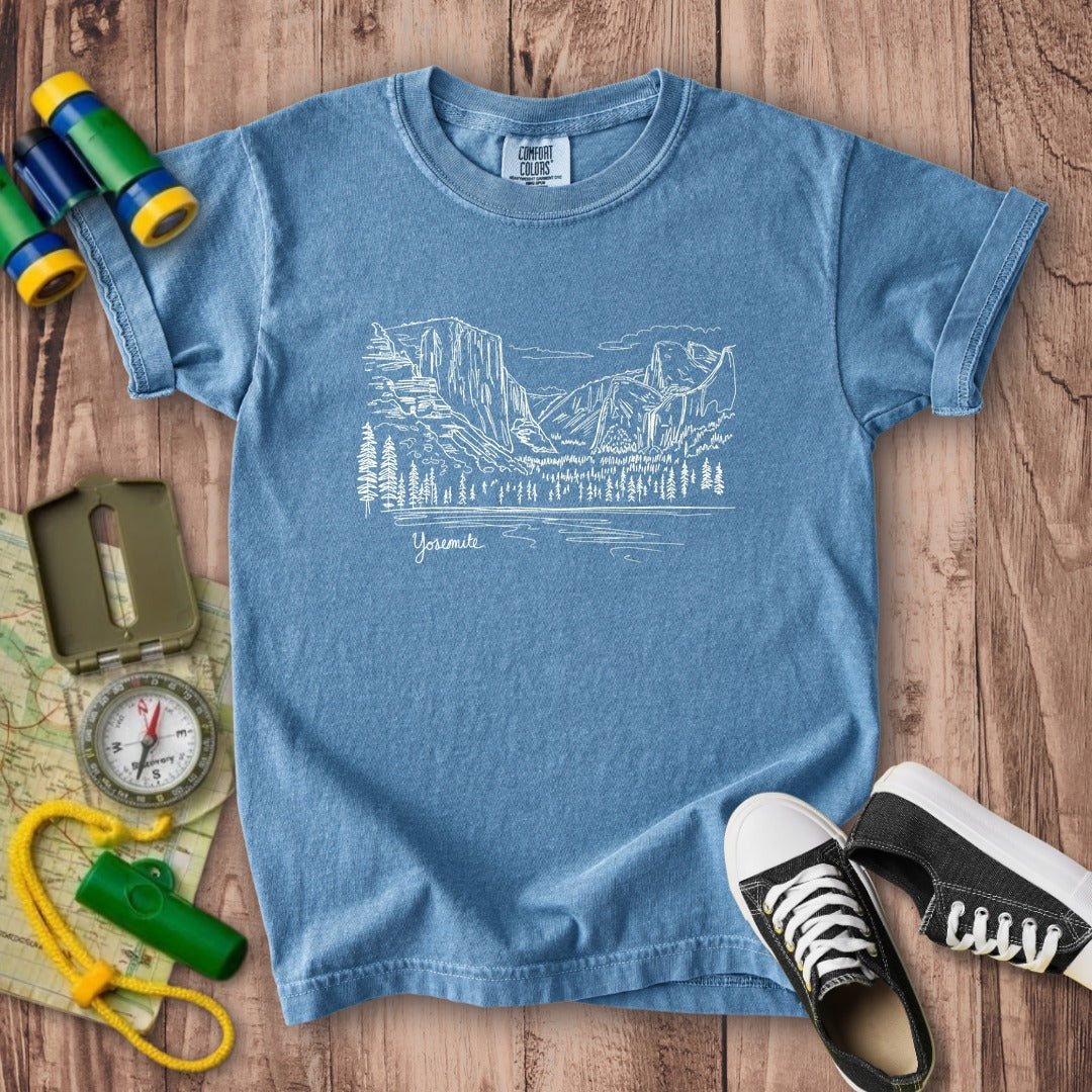 Yosemite Line Drawing Kids Cotton T-Shirt